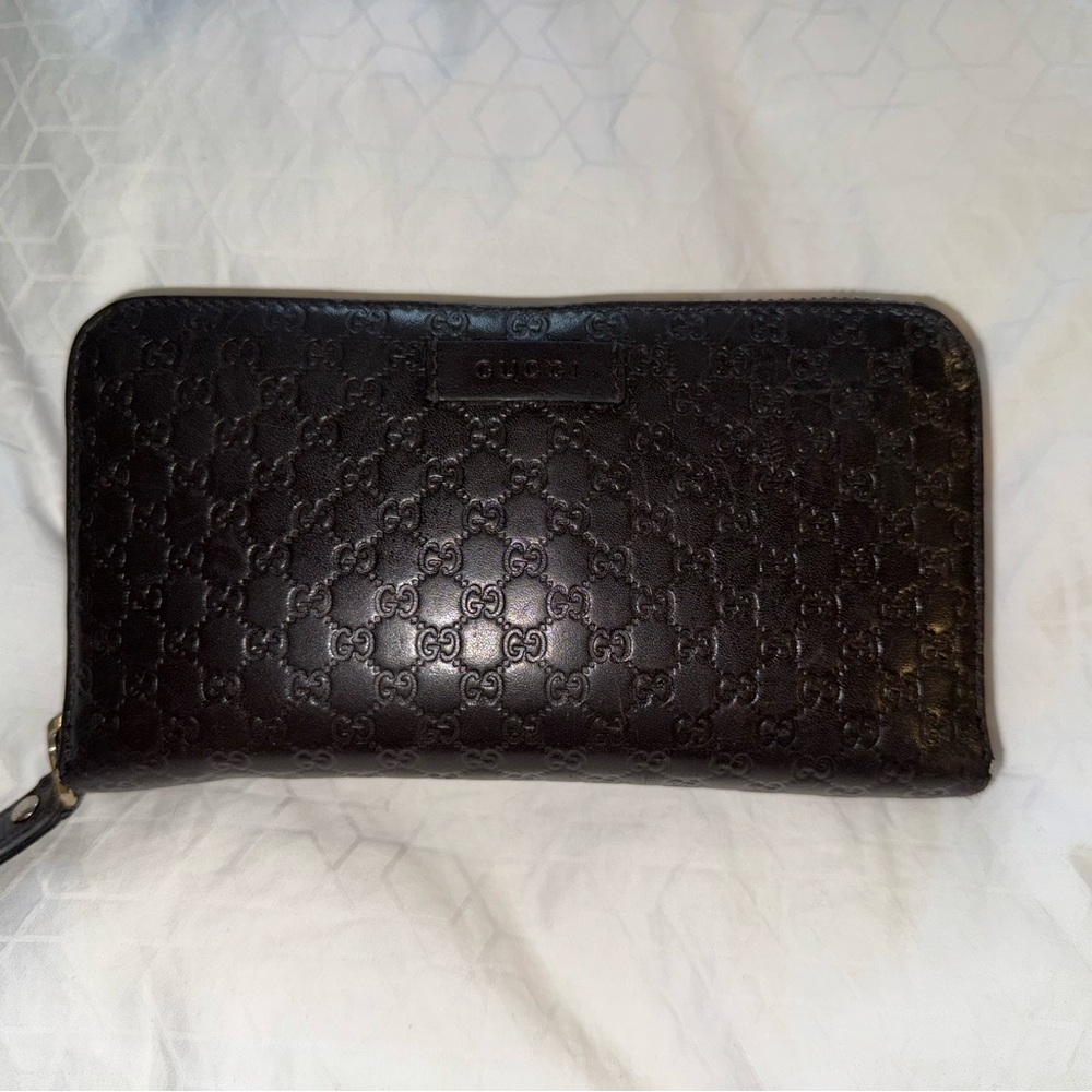 GUCCI Micro Guccissima GG Pattern Long Zipper Wallet Leather Black Gold 31EB875